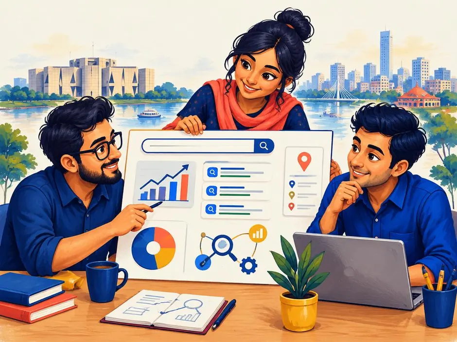 Illustration of the SEO Service BD team reviewing search data