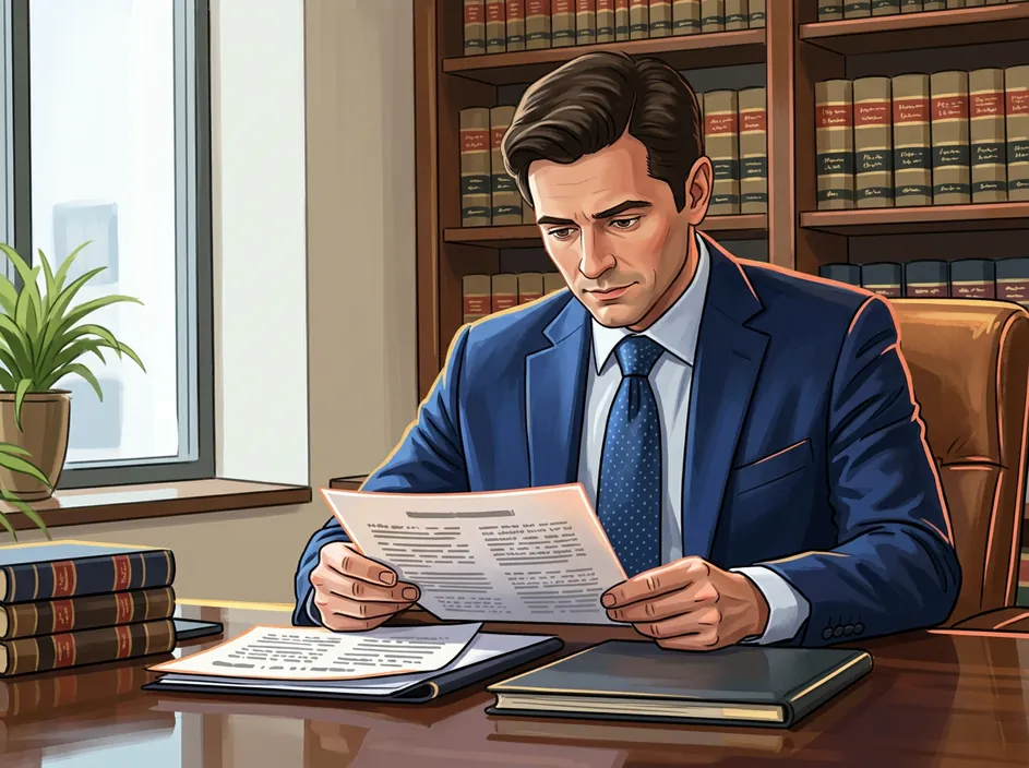 Illustration of a lawyer reviewing case documents