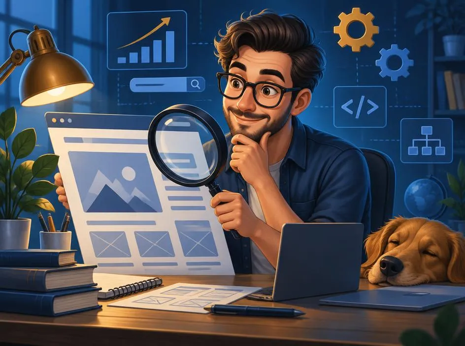 Illustration of an SEO strategist reviewing a website